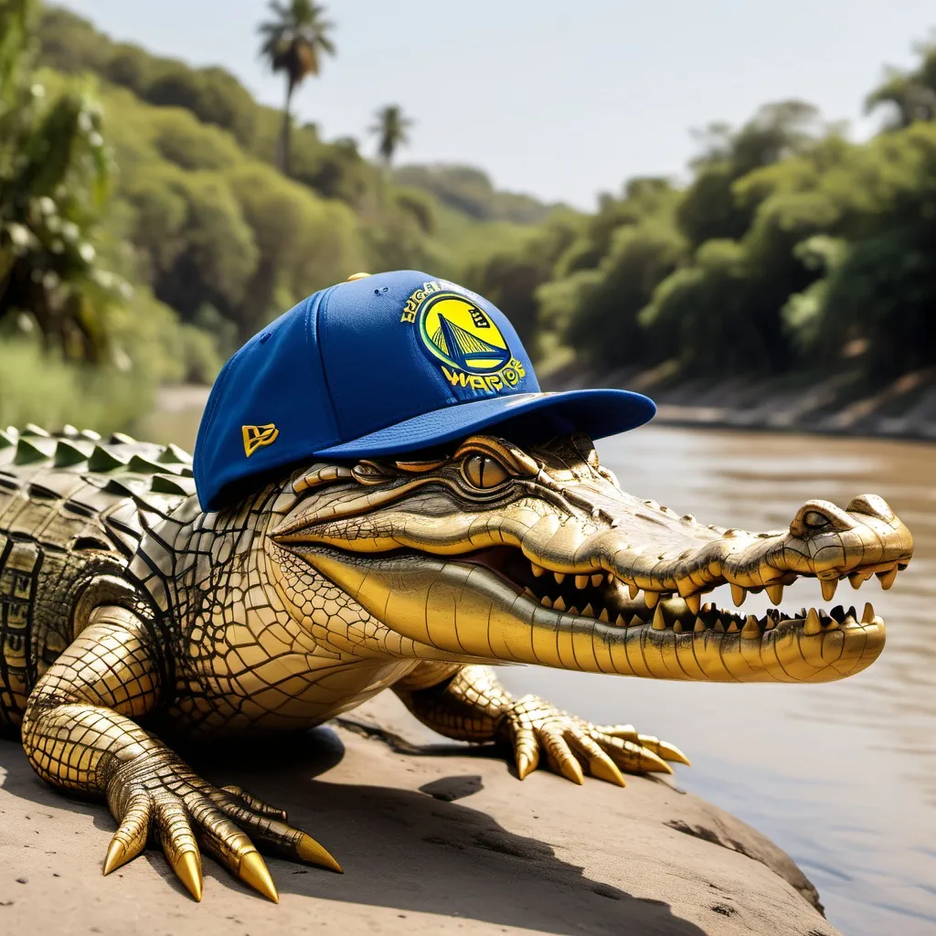 Prompt: a crocodile on a river bank wearing a Golden State Warriors cap