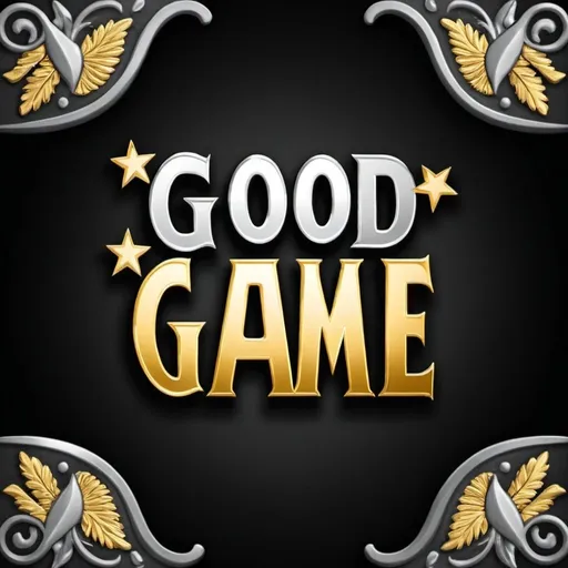 Prompt: Create an image of the word “Good Game” that is silver, gold, and black. Make it sleek.