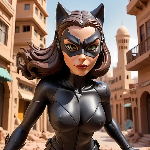 Prompt: Clay cartoon figures of Catwoman with hazel eyes and long brunette hair saving the life of a woman in a Middle Eastern city. 