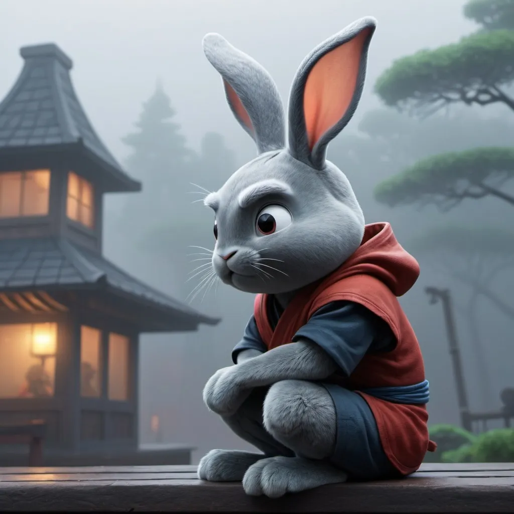 Prompt: Ninja rabbit pondering life, foggy weather, Disney animation, 4K, Pixar animation