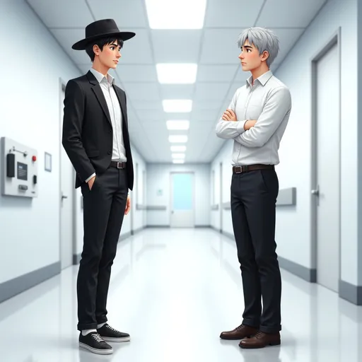 Prompt: @E8AjwETtD6mOnkeP2CGO standing in a hospital coridor on the left side. @father standing on the right