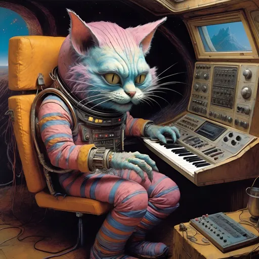 Prompt: stoned cheshire cat in a stylish hendrix space suit jamming on moog Synthesizer in a cozy spaceship, by Zdzisław Beksiński and Hieronymus Bosch, extremely detailed 