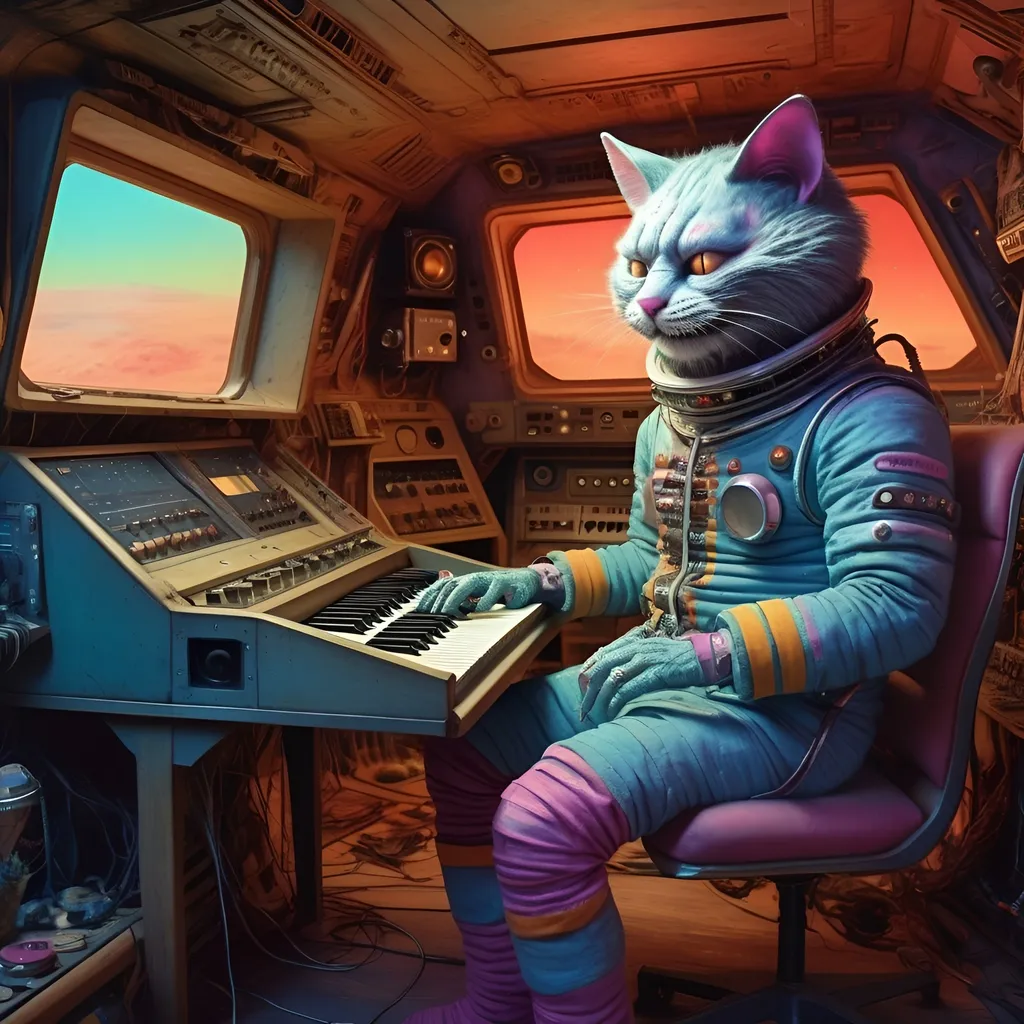 Prompt: stoned cheshire cat in a stylish hendrix space suit jamming on moog Synthesizer in a cozy spaceship, by Zdzisław Beksiński and Hieronymus Bosch, extremely detailed, wide angle, detailed surroundings