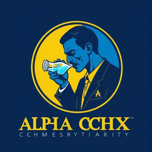 Prompt: A logo for the professional chemistry fraternity “Alpha Chi Sigma”
It is blue and yellow like the University of Michigan colors.
It includes a depiction of a man taking a shot of tequila


