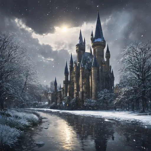 Prompt: A magical scene of Hogwarts castle in winter, with majestic towers covered in snow and a frozen river in front. Snowflakes fall softly from the gray sky, while a shy sun appears between the clouds, delicately illuminating the landscape. The setting should convey a feeling of tranquility and charm, with trees covered in ice and details of the castle reflecting the magic of the wizarding world