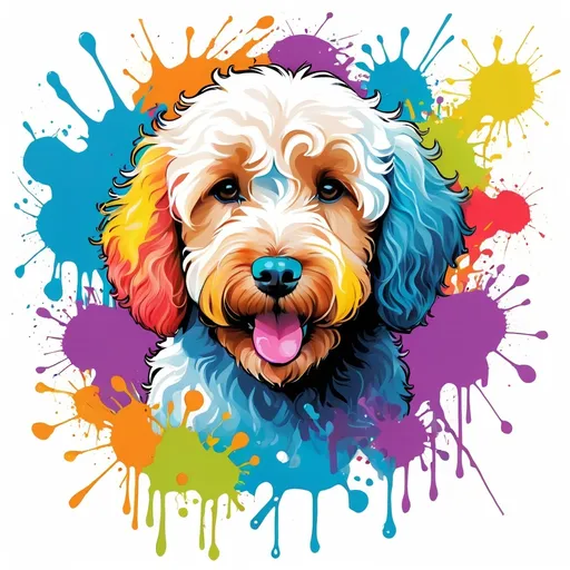Prompt: Colorful graffiti illustration of a Goldendoodle, paint splashes, vector t-shirt art, white background