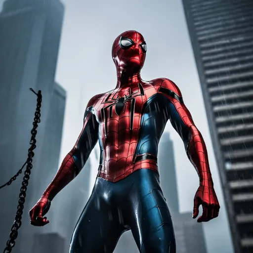 Prompt: A dramatic shot of Spider-Man on a rainy, cloudy day, swinging between the city's skyscrapers. The sky is covered in dark clouds, with raindrops falling, creating a gloomy atmosphere. Spider-Man's red and blue costume stands out against the gray background, reflecting the light of the wet city. The atmosphere should convey a sense of urgency and action as he prepares to face challenges on a blustery day