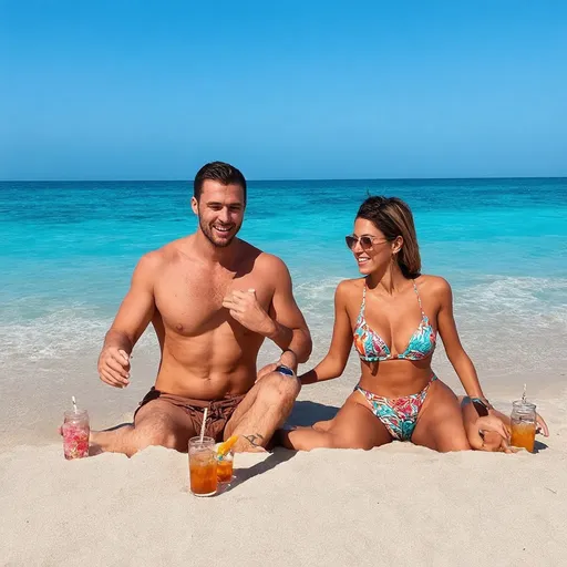 Prompt: Crie uma imagem vibrante e ensolarada de um casal super atraente na praia, sorrindo e se divertindo sob o sol de verão. O homem deve ter cabelos despojados e estilo casual, vestindo uma bermuda colorida, enquanto a mulher deve estar usando um biquíni estiloso com uma saída de praia leve, incluindo um belo cenário de mar azul-turquesa e areias brancas. , com palmeiras balançando ao vento. Adicione detalhes como uma toalha de praia colorida, um guarda-sol e uma bebida refrescante em copos de vidro, transmitindo uma sensação de alegria, amor e relaxamento nesse dia perfeito na praia