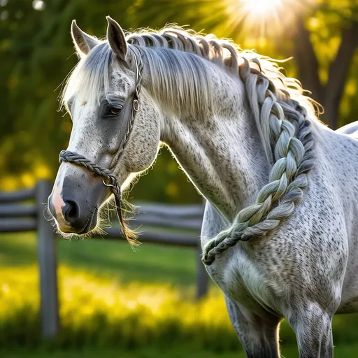 Prompt: A striking image of a grayish horse, with shiny coat and manes styled into elaborate braided shapes. The horse is in a natural environment, such as a green pasture or next to a wooden fence, with a soft background that highlights its beauty. The sunlight illuminates its body, highlighting the muscles and texture of its coat, while the animal's gaze conveys strength and grace