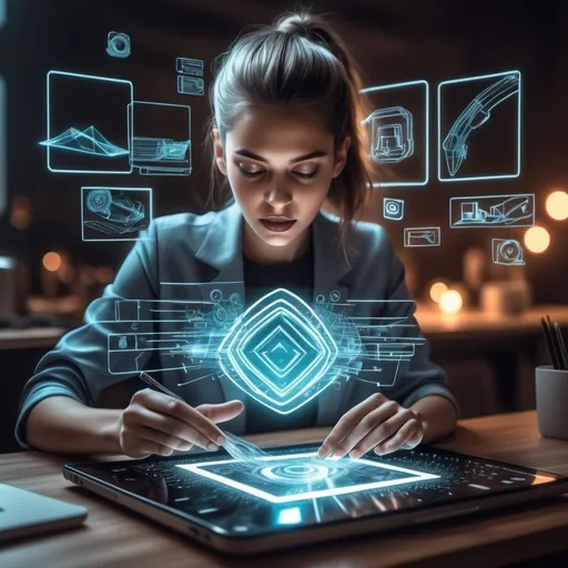 Prompt: Crie uma imagem vibrante e futurista, podendo ser usadas para alguma postagem no Instagram divulgando meu trabalho. A cena deve incluir elementos de tecnologia avançada, como hologramas e gráficos interativos, enquanto o artista, de expressão inspirada, interage com essas criações. para transmitir inovação e criatividade