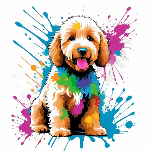 Prompt: Colorful graffiti illustration of a Goldendoodle, paint splashes, vector t-shirt art, white background