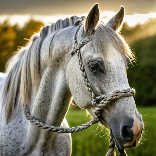 Prompt: A striking image of a grayish horse, with shiny coat and manes styled into elaborate braided shapes. The horse is in a natural environment, such as a green pasture or next to a wooden fence, with a soft background that highlights its beauty. The sunlight illuminates its body, highlighting the muscles and texture of its coat, while the animal's gaze conveys strength and grace