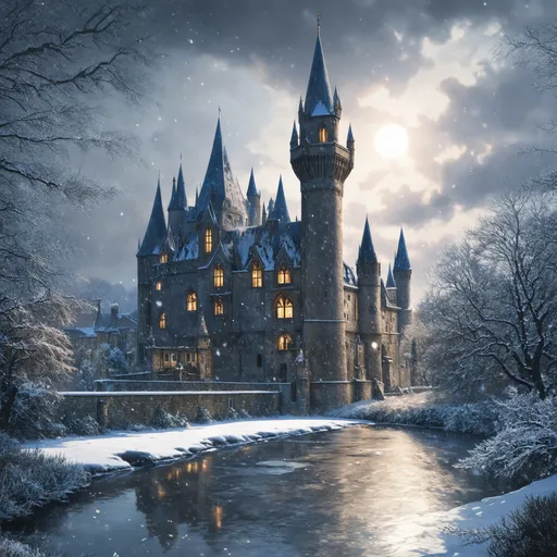 Prompt: A magical scene of Hogwarts castle in winter, with majestic towers covered in snow and a frozen river in front. Snowflakes fall softly from the gray sky, while a shy sun appears between the clouds, delicately illuminating the landscape. The setting should convey a feeling of tranquility and charm, with trees covered in ice and details of the castle reflecting the magic of the wizarding world