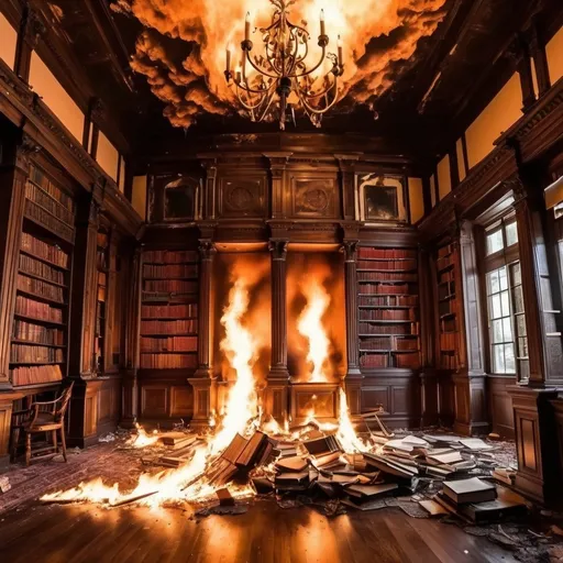 Prompt: very antique library in flames