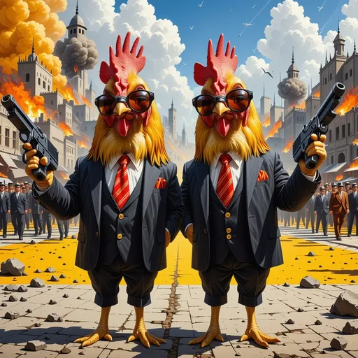Prompt: "Ilustrasi realistis sebuah karakter 2 ayam kartun lospollos HERMANOS yang mengenakan pakaian adat Mexico yang memakai jas dan kacamata hitam. 2 ayam itu seperti manusia memegang senjata sambil berdiri dengan penuh aura. Di belakang banyak kota hancur dan ledakan serta kerumunan orang berlarian. dengan latar kuning.