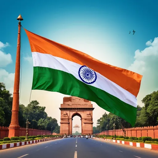 Prompt: 
Create a vibrant Independence Day post celebrating India's freedom, showcasing the nation's rich culture and unity. The image should feature the Indian flag waving proudly against a bright blue sky, with people from different walks of life coming together, dressed in traditional attire. Incorporate iconic symbols like the India Gate, Ashoka Chakra, and a burst of saffron, white, and green colors. Include a message of patriotism, unity, and pride, with a warm glow of sunlight shining on the scene, symbolizing hope and prosperity for the nation.