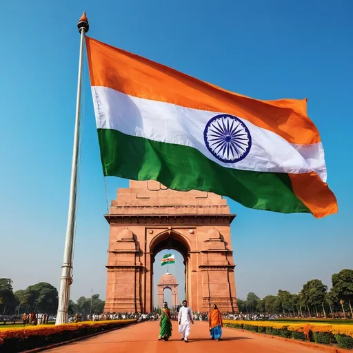 Prompt: 
Create a vibrant Independence Day post celebrating India's freedom, showcasing the nation's rich culture and unity. The image should feature the Indian flag waving proudly against a bright blue sky, with people from different walks of life coming together, dressed in traditional attire. Incorporate iconic symbols like the India Gate, Ashoka Chakra, and a burst of saffron, white, and green colors. Include a message of patriotism, unity, and pride, with a warm glow of sunlight shining on the scene, symbolizing hope and prosperity for the nation.