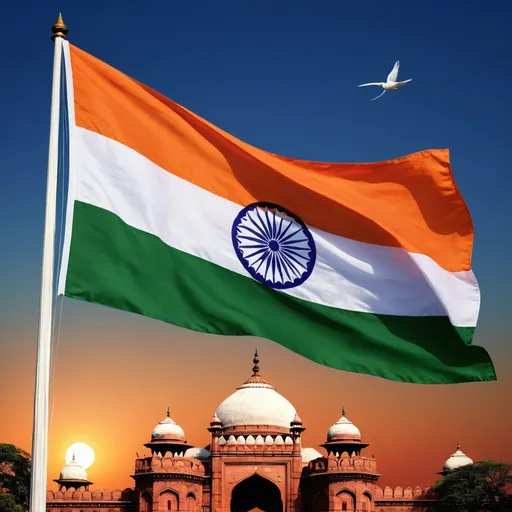 Prompt: 
Create a captivating Independence Day post that embodies India's patriotism without featuring any human images. The design should center around the Indian flag, gracefully unfurled and waving proudly, set against a radiant sunrise that symbolizes the dawn of freedom. Below the flag, incorporate a majestic lion representing courage, with the Ashoka Chakra subtly integrated into the design. Surround the flag with elements of India’s rich heritage: a silhouette of the Red Fort, the Lotus Temple, and the Gateway of India, all bathed in the soft glow of saffron, white, and green. Add subtle details like doves flying across the sky, symbolizing peace and harmony. The background should be a gradient of the Indian tricolor, blending into the sky as it transitions from dawn to daylight. 

Incorporate a powerful message like “Celebrating 77 Years of Freedom, Unity, and Progress,” with the text positioned beneath the flag in an elegant, bold font. The overall tone should evoke pride, unity, and a deep respect for the nation’s history and future.
