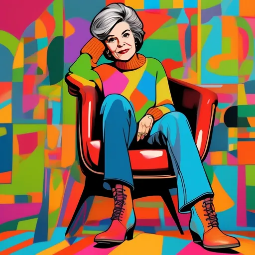 Prompt: A 60 year old woman with short shaggy brown hair with gray in it. Wearing a bright colored sweater with bell bottom jeans on. Boots that match her sweater. In pop art style