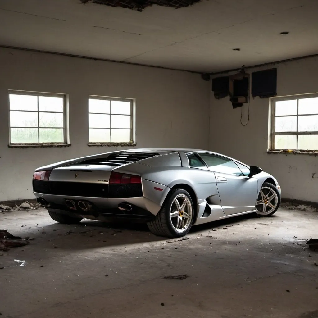 Prompt: lamborghini in an abandoned garage