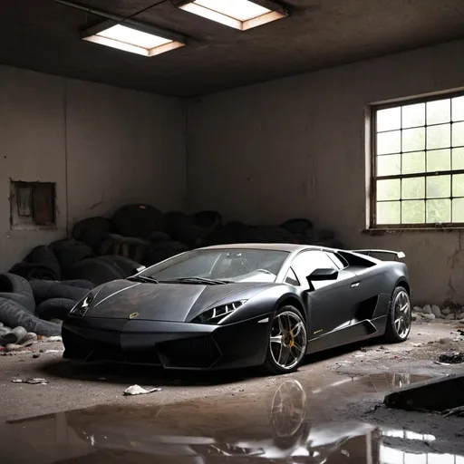Prompt: lamborghini in an abandoned garage dusty and black super realistic 