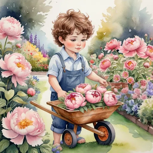 Prompt: A breathtaking 16K resolution watercolor painting, featuring a charming boy with curly brown hair, dressed in a shirt and short pants, pushing a wheelbarrow filled with vibrant peony flowers. A small, fluffy kitten sits beside him, watching curiously. The background is a beautifully detailed garden, with a variety of flowers and plants, and a few butterflies (Greta Oto) fluttering about. The overall ambiance of the painting is serene and enchanting, with soft colors and a professional, award-winning quality.