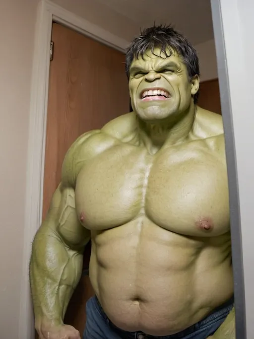 Prompt: Ein Hulk wo der Mund in seinem Bauch ist