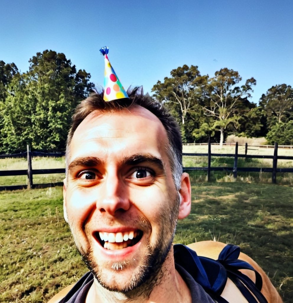 Prompt: use the face reference photo to create an image of this person riding a horse with a birthday hat on 