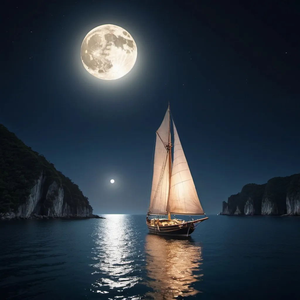 Prompt: Scenery, no people or roles, sea, night, there is a very bright moon, the boat is sailing in it, the water is smooth, the wind is calm