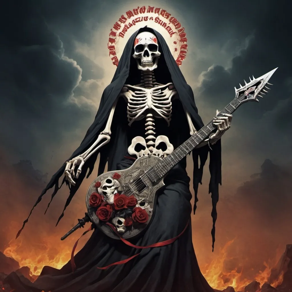 Prompt: Create a thrash metal cover based on following lyrics:

Paralyzed with fear, the throat runs dry 
About to be sliced with the edge of the knife 
Santa Muerte – the patron of death 
Goddess to the ones who will take your last breath 
Tomorrow never comes to those who are marked 
The trial without witnesses is about to start 
Santa Muerte – blasphemous maid 
For sins against the sinners, the price to be paid 
