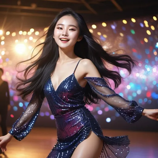 Prompt: A korean girl with black hair, glamorous, dancing