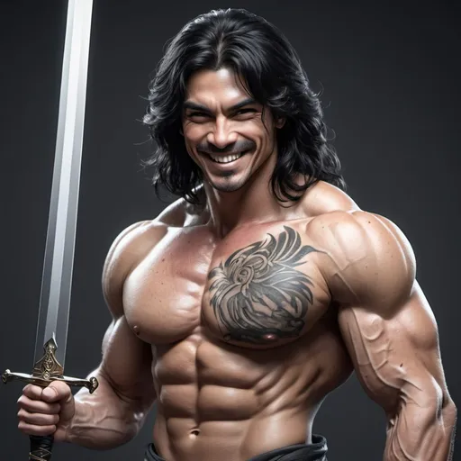 Prompt: A human, with muscles and a lot of veins and black hair long and he is smiling and he has a sword 