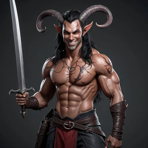 Prompt: hyper-realistic Tiefling character with muscular body and veins, smiling, he has long straight black hair and he is carrying a sword