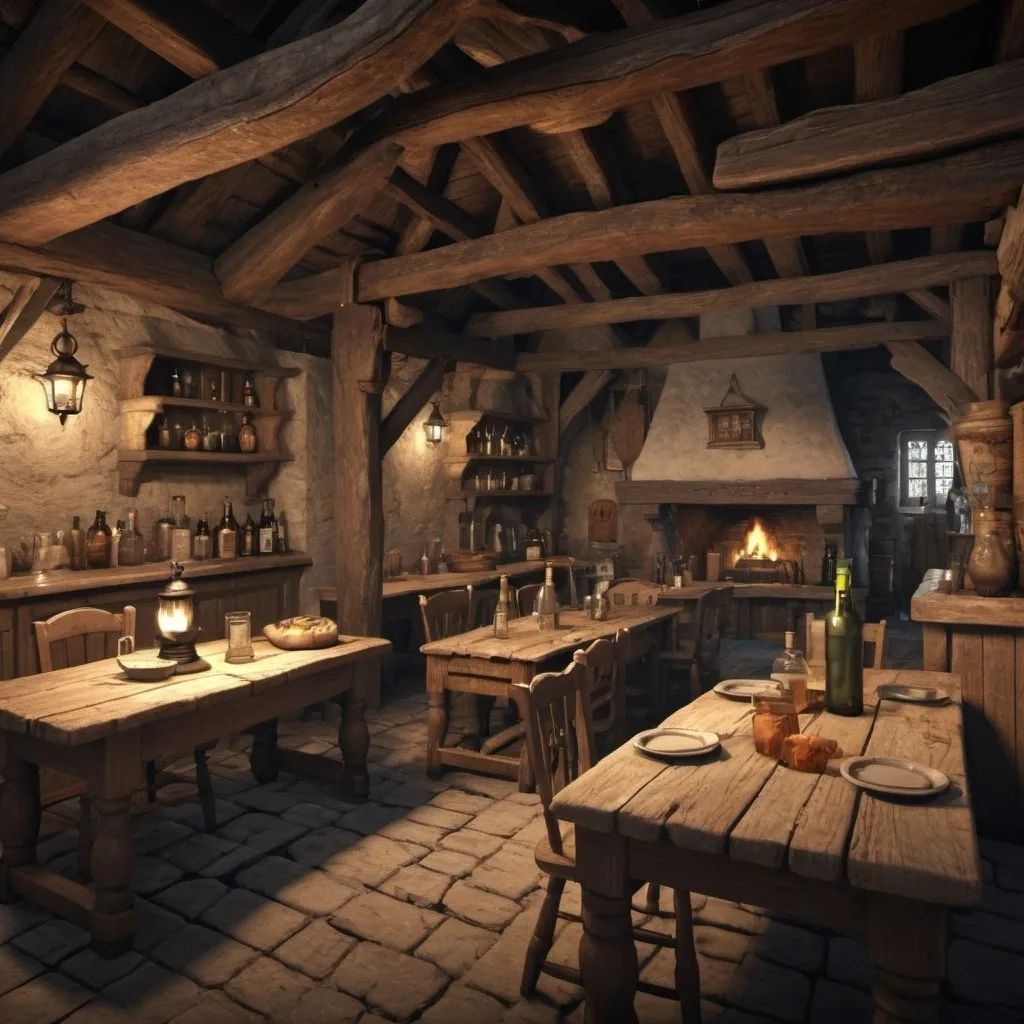 Prompt: Tavern on village 1700 century, 3d image still, 16:9 ratio