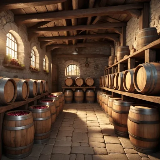 Prompt: Wharehouse of  Tavern with barrels of wine, on village 1700 century, 3d image still, 16:9 ratio