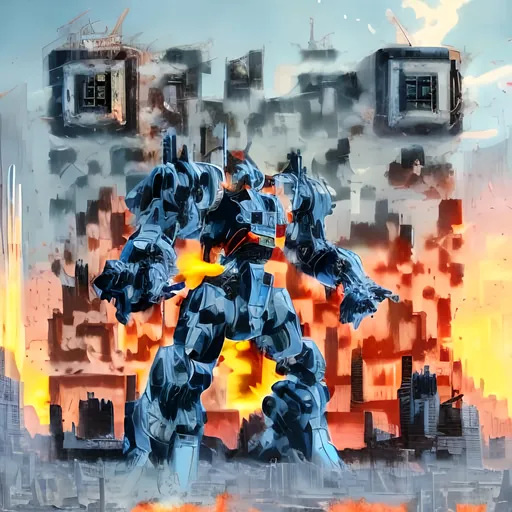 Prompt: masterpiece, best quality, mecha, no humans, black armor, blue eyes, science fiction, fire, laser canon beam, war, conflict, destroyed city background