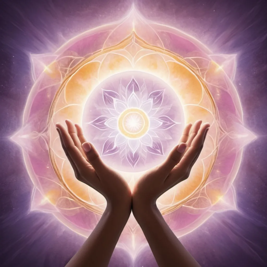 Prompt: "Generate an image that captures the essence of spiritual healing through the motif of healing hands. The scene should be centered around a pair of hands positioned as if cradling or hovering above an unseen energy field, symbolizing the act of giving or receiving healing energy. These hands should emanate a soft, glowing aura that reflects the power and gentleness of the healing process. The aura should incorporate flowing patterns and waves, using pastel colors of white, pink, purple, and gold, to signify the dynamic and nurturing flow of energy.

The background should be minimalistic yet imbued with a celestial or ethereal quality, suggesting a space that transcends the ordinary and connects to higher spiritual realms. This backdrop might include elements such as floating orbs of light, subtle geometric patterns, or ethereal floral motifs, all contributing to a mystical and tranquil atmosphere. The lighting should be soft and diffuse, with the primary light source appearing to emanate from the healing hands themselves, casting a warm and gentle glow that highlights the healing energy in action.

This artwork should convey a sense of peace, spirituality, and the healing connection between individuals and the universe. The chosen color palette should blend harmoniously, creating a visual experience of warmth, comfort, and upliftment, indicative of the healing process."

