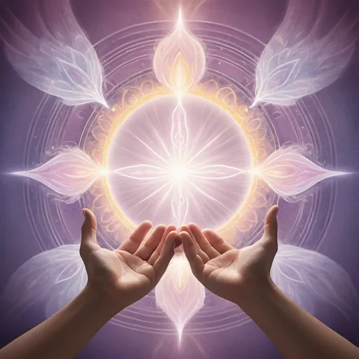 Prompt: "Generate an image that captures the essence of spiritual healing through the motif of healing hands. The scene should be centered around a pair of hands positioned as if cradling or hovering above an unseen energy field, symbolizing the act of giving or receiving healing energy. These hands should emanate a soft, glowing aura that reflects the power and gentleness of the healing process. The aura should incorporate flowing patterns and waves, using pastel colors of white, pink, purple, and gold, to signify the dynamic and nurturing flow of energy.

The background should be minimalistic yet imbued with a celestial or ethereal quality, suggesting a space that transcends the ordinary and connects to higher spiritual realms. This backdrop might include elements such as floating orbs of light, subtle geometric patterns, or ethereal floral motifs, all contributing to a mystical and tranquil atmosphere. The lighting should be soft and diffuse, with the primary light source appearing to emanate from the healing hands themselves, casting a warm and gentle glow that highlights the healing energy in action.

This artwork should convey a sense of peace, spirituality, and the healing connection between individuals and the universe. The chosen color palette should blend harmoniously, creating a visual experience of warmth, comfort, and upliftment, indicative of the healing process."

