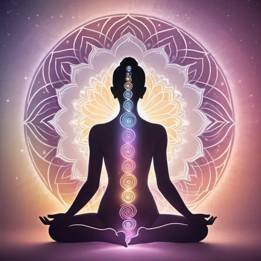 Prompt: "I'm looking for an image that visually represents the themes of healing the aura, energy work, and consciousness. Please create a design that features a human silhouette in a meditative pose, surrounded by a soft, glowing aura. The color palette should consist of pastel shades of white, pink, purple, and gold, conveying a sense of peace, healing, and spiritual energy. Incorporate abstract symbols like spirals or mandalas around or within the aura to symbolize interconnectedness and spiritual growth. The overall atmosphere should be ethereal and uplifting, with a harmonious integration of all elements."