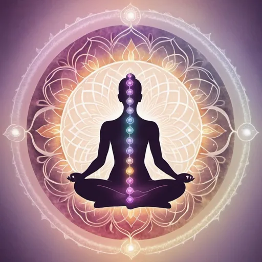 Prompt: "I'm looking for an image that visually represents the themes of healing the aura, energy work, and consciousness. Please create a design that features a human silhouette in a meditative pose, surrounded by a soft, glowing aura. The color palette should consist of pastel shades of white, pink, purple, and gold, conveying a sense of peace, healing, and spiritual energy. Incorporate abstract symbols like spirals or mandalas around or within the aura to symbolize interconnectedness and spiritual growth. The overall atmosphere should be ethereal and uplifting, with a harmonious integration of all elements."
