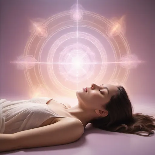 Prompt: image should feature a person lying down, deeply relaxed, on an ethereal surface that seems to be made of light. Surround the person with a visible, glowing aura that symbolizes healing energy, using soft pastel colors of white, pink, purple, and gold. This aura should include flowing patterns or waves, representing the dynamic flow of healing energies.

Background should be minimalist, with a celestial or otherworldly appearance, enhanced by subtle spiritual symbols or elements like floating orbs of light, geometric patterns, or faint floral motifs, all contributing to a mystical atmosphere. The lighting in the artwork should emanate primarily from the aura around the person, casting a gentle, warm glow over the scene and highlighting the transformative power of the healing process.

The overall tone of the image must evoke tranquility, spirituality, and the profound connection between the physical and the ethereal, suggesting a deep, peaceful state of healing and consciousness expansion. The color palette should focus on harmonious pastel shades, blending smoothly to create a sense of warmth, comfort, and spiritual upliftment."