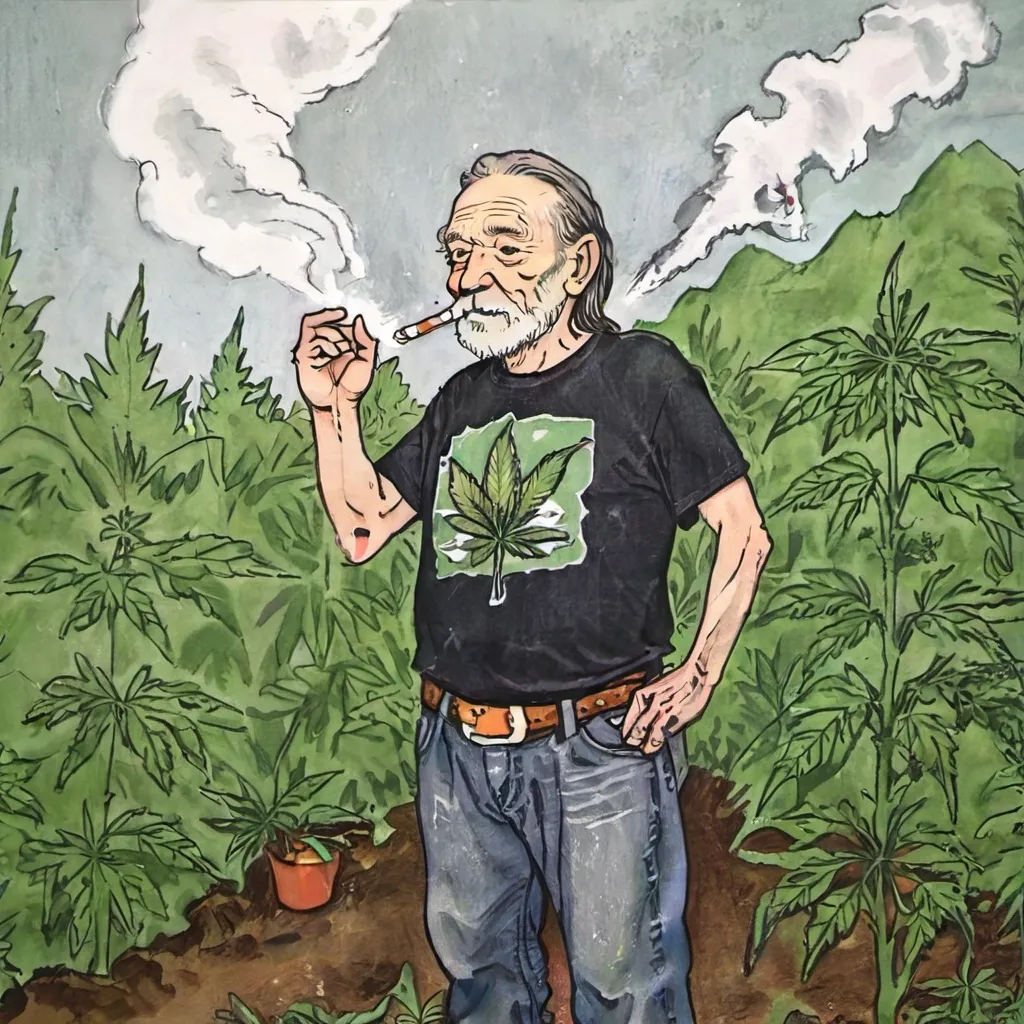 Prompt: Portrait of Willie Nelson smoking a bong on a cannabis farm