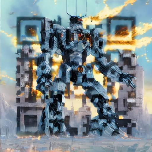 Prompt: masterpiece, best quality, mecha, no humans, black armor, blue eyes, science fiction, fire, laser canon beam, war, conflict, destroyed city background