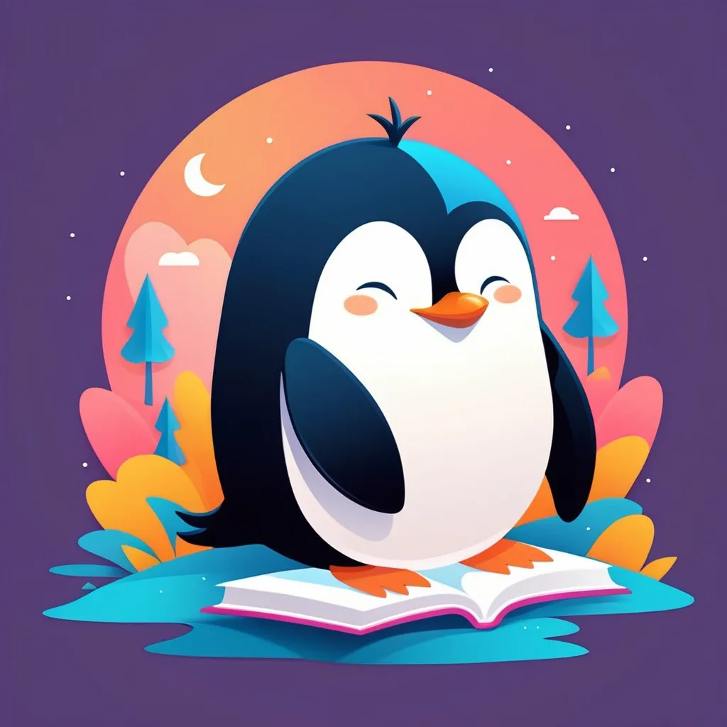 Prompt: illustrations for a book-cover,flat design,simple shapes,vector,colorful,2D,cute cartoon characters, penguin sleeping