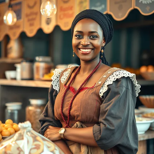 Prompt: attractive, middle-aged african woman dressed in medieval peasant clothing standing behind the counter of a food stall with a friendly smile