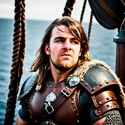 Prompt: handsome male barbarian wearing viking armor and standing on a ship at sea