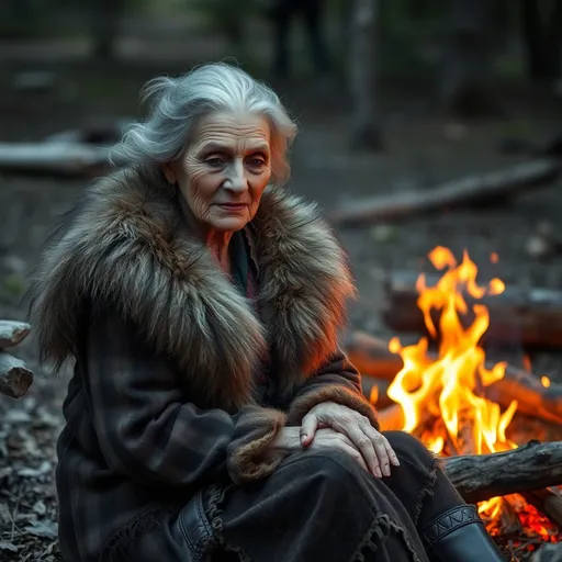 Prompt: Handsome but wrinkled old women dressed in a ragged dress and furs with gray hair sitting by a campfire