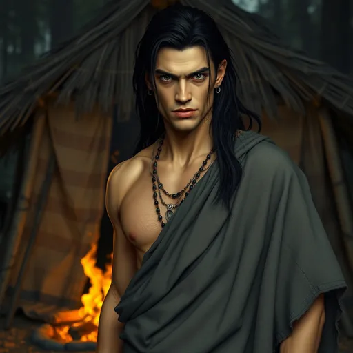 Prompt: Handsome, thin human male with long black hair, pale skin and surly expression, wearing a tattered gray toga standing in front of a hut near a campfire