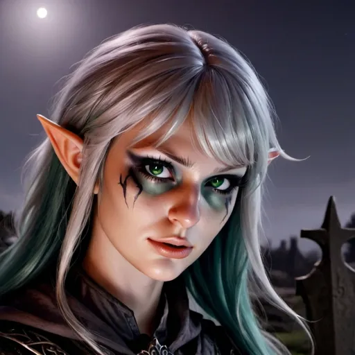 Prompt: pretty female elven necromancer with pale skin, green and black hair and green eyes. standing in a graveyard at night