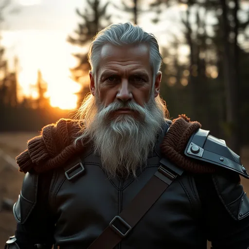 Prompt: Handsome, stern-faced middle-aged man with white hair and a well-trimmed beard dressed in leather armor standing in a forest clearing at sundown